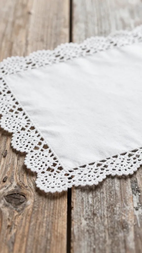 closeup of lace-edged napkin resting on weathered wooden tabletop