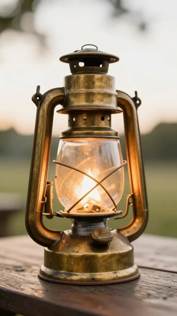 closeup of brass lantern glow on picnic setup at golden hour