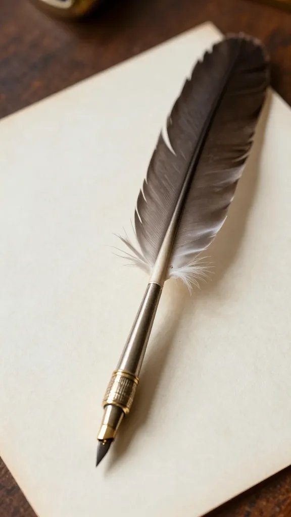 closeup of feathered quill pen on parchment table card