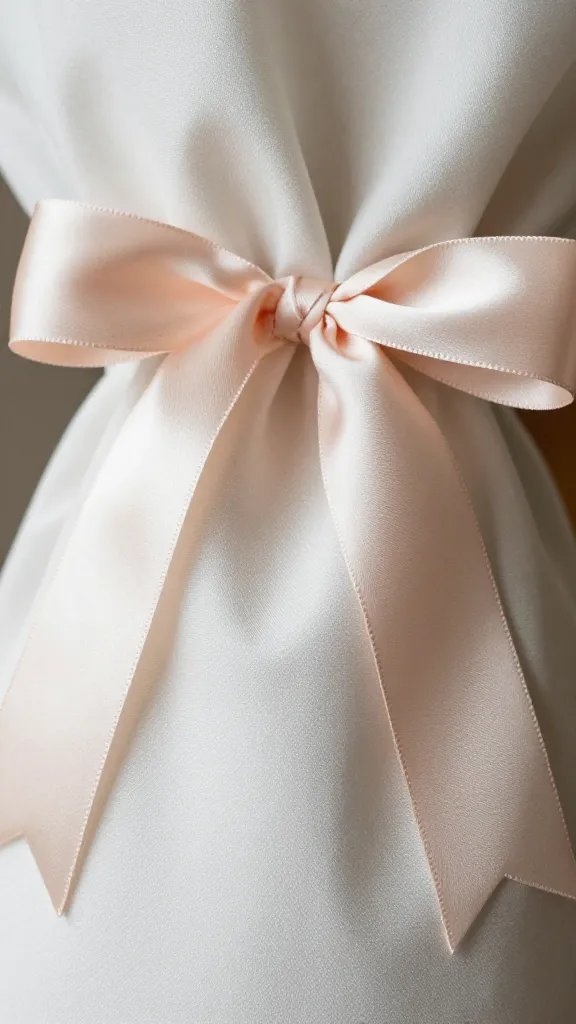 closeup of silk ribbon tied around a bouquet on fabric