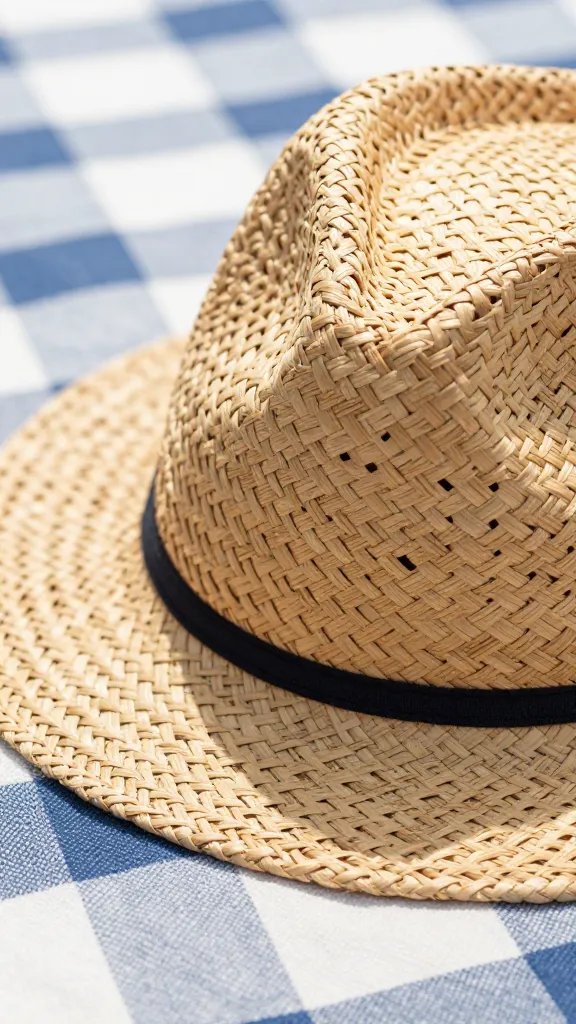 closeup of woven straw hat resting on picnic blanket edge