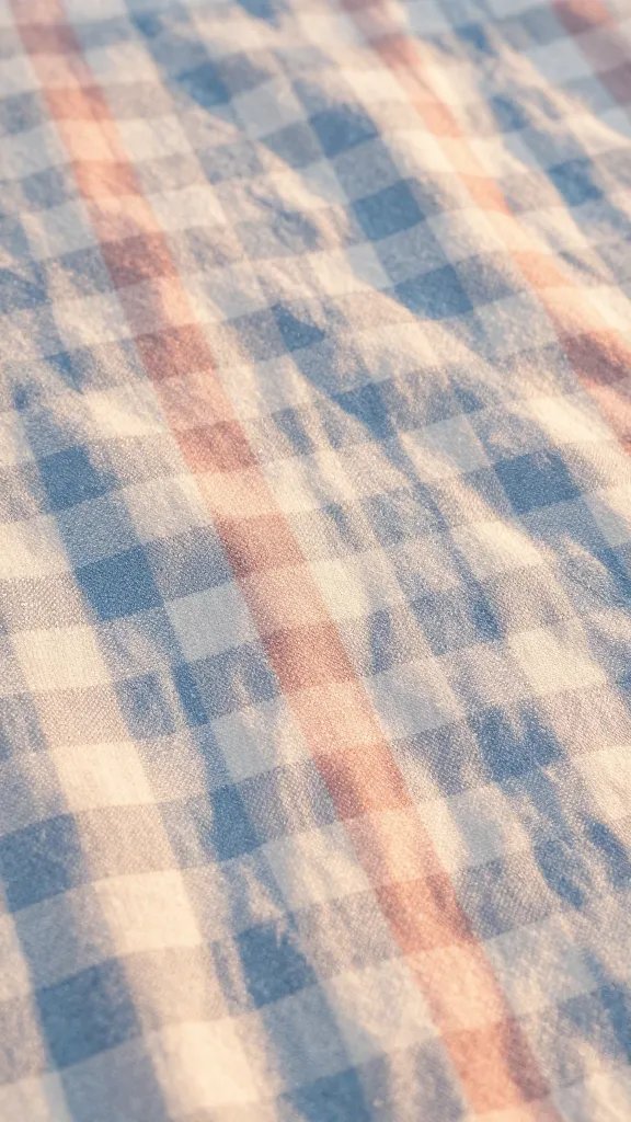 closeup of a pastel gingham blanket texture under golden hour light