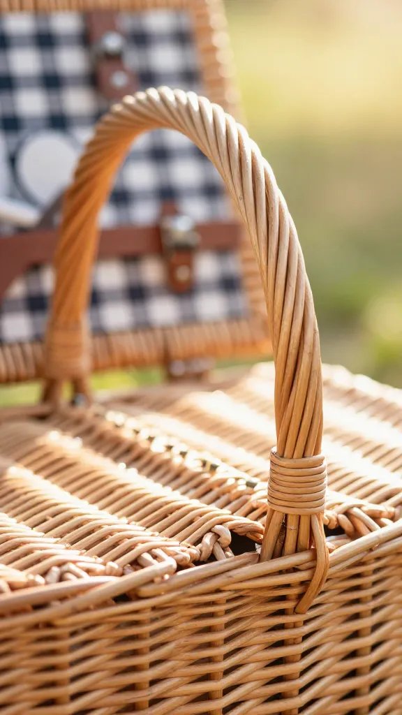 closeup of a wicker picnic basket handle with warm sun glow