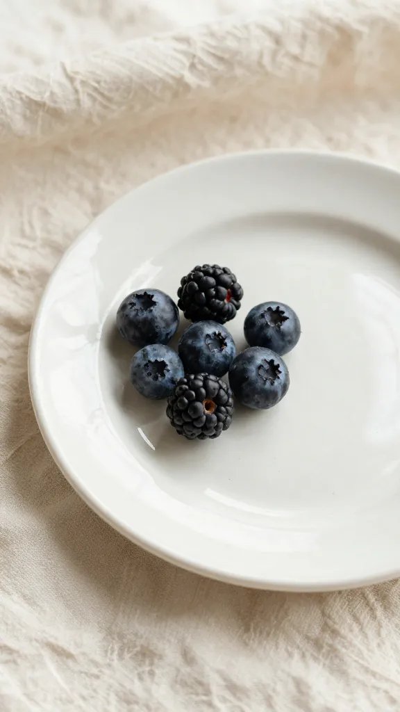 closeup of a single ceramic plate with berries on soft cream fabric