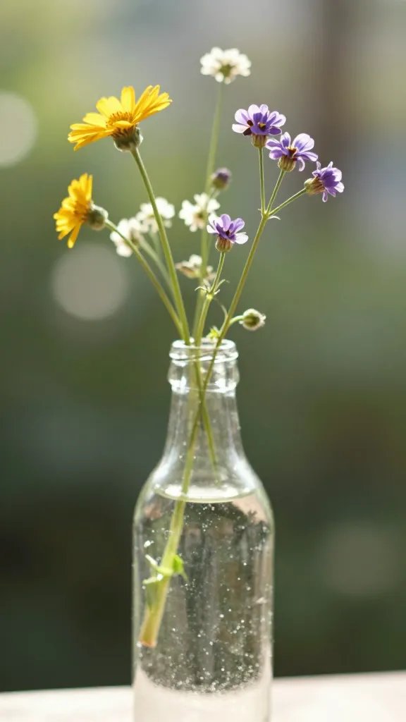 closeup of a single glass bottle with wildflowers and sunlight