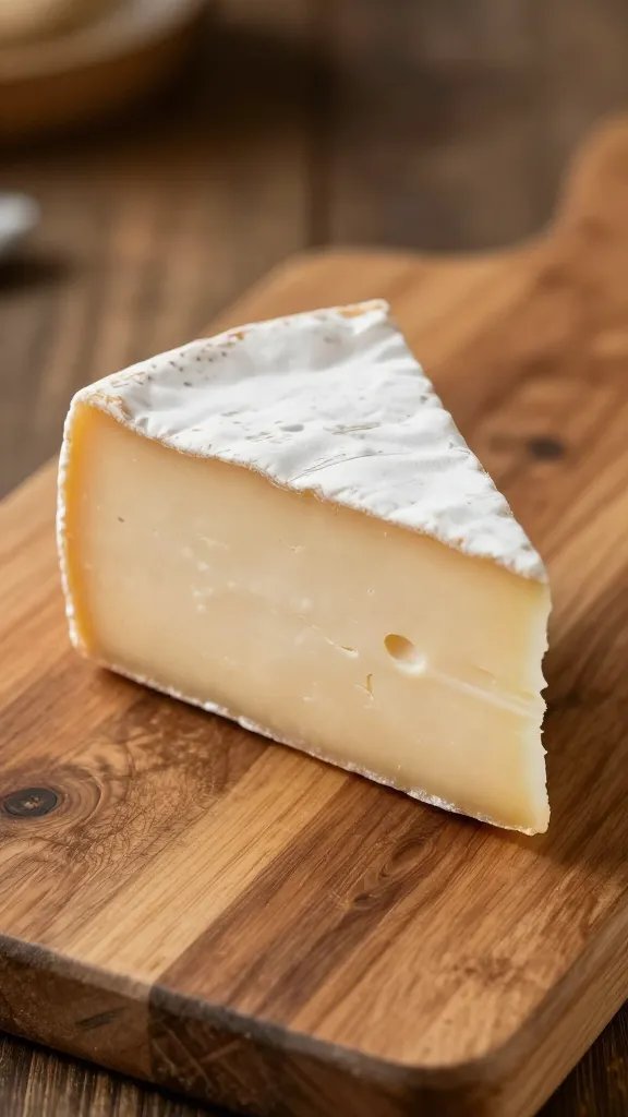 closeup of a single cheese wedge on rustic wooden board
