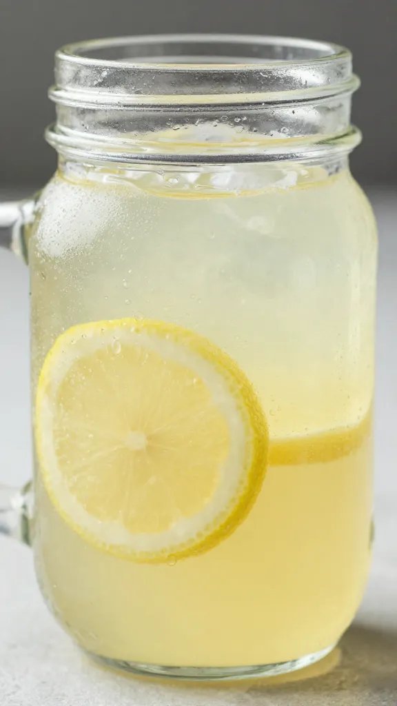 closeup of a single mason jar with lemonade and condensation