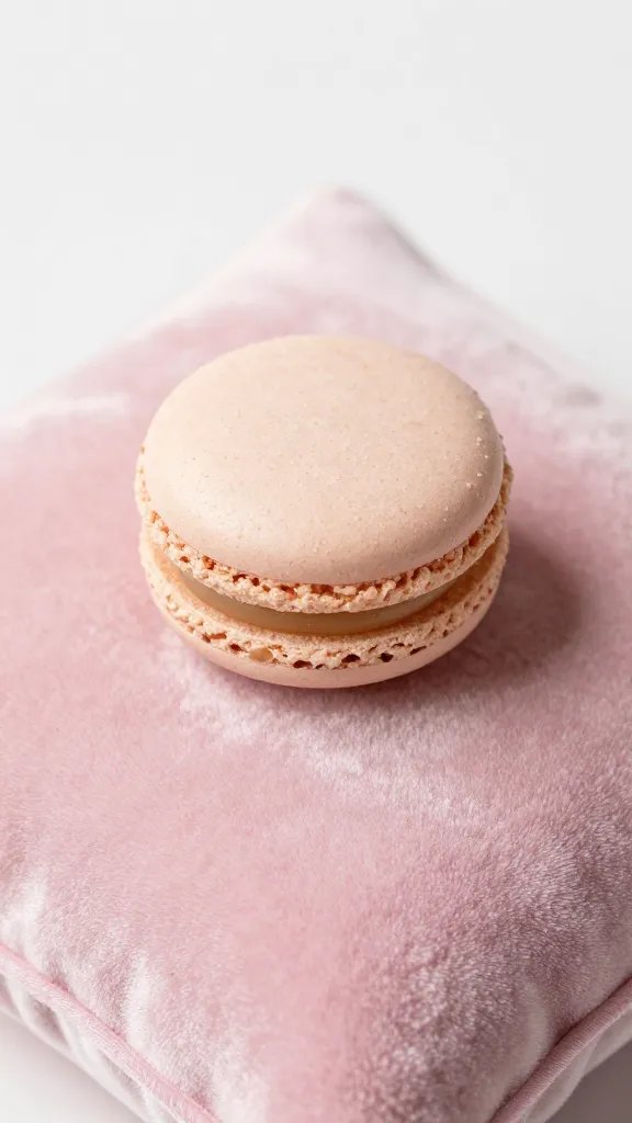 closeup of a single macaron on pastel velvet cushion