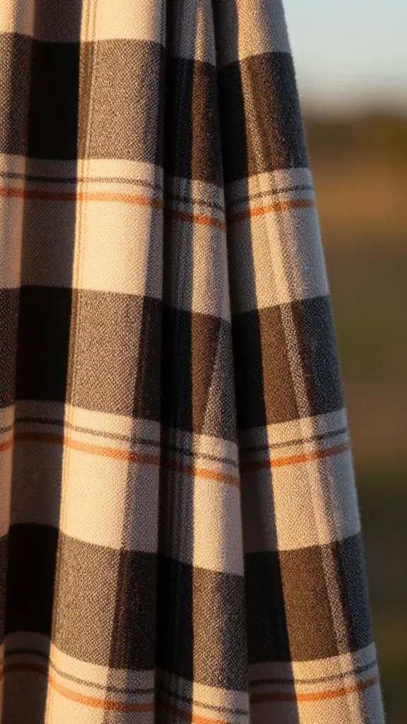closeup of a single plaid throw corner illuminated by sunset sun