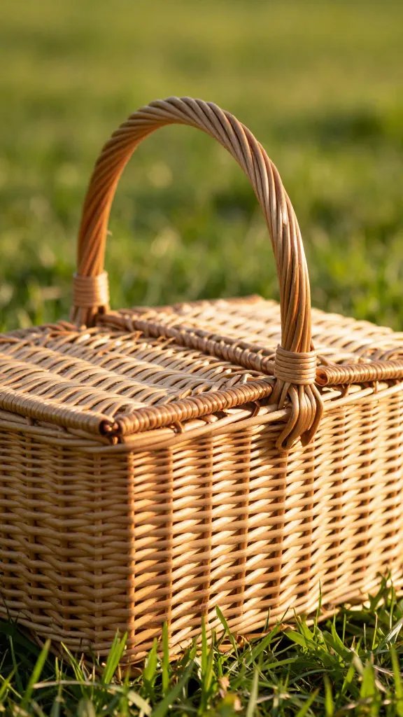 closeup of a single wicker picnic basket on grass, golden hour glow
