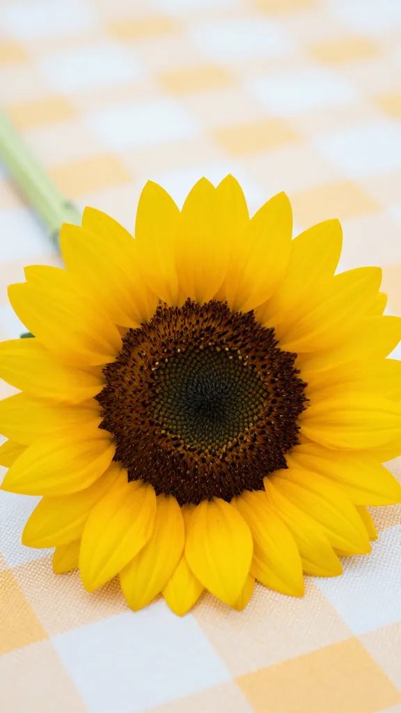 closeup of a single sunflower laying on a checked picnic blanket