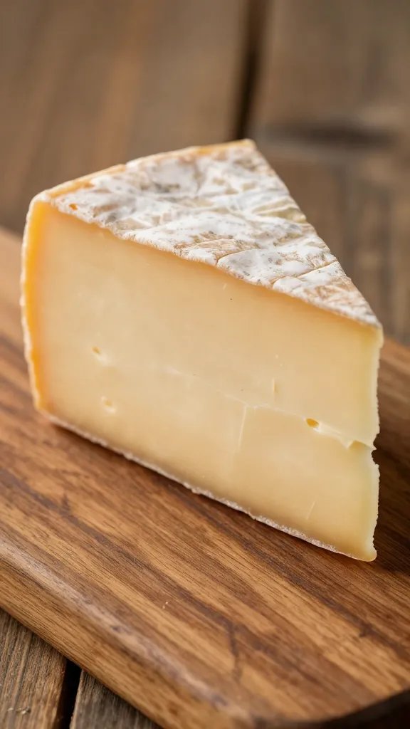 macro shot of a single cheese wedge on a rustic wooden board