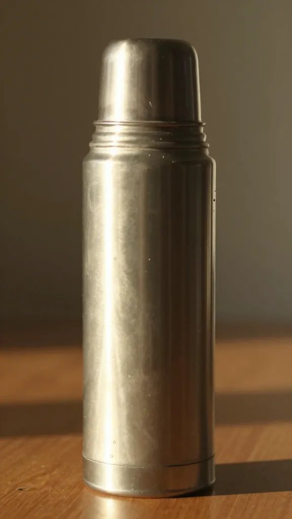 closeup of a sole vintage thermos with warm sunlight highlight