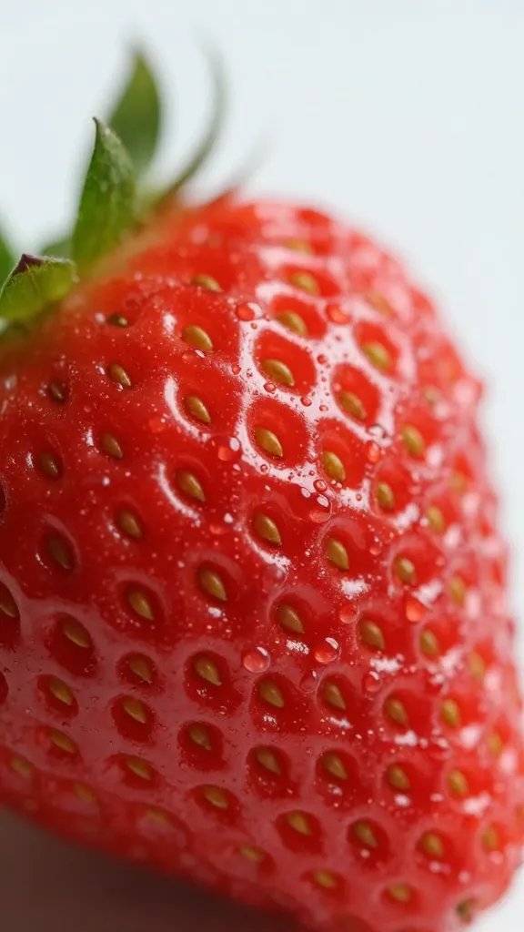 closeup of a single strawberry half, dewdrops, shallow depth of field
