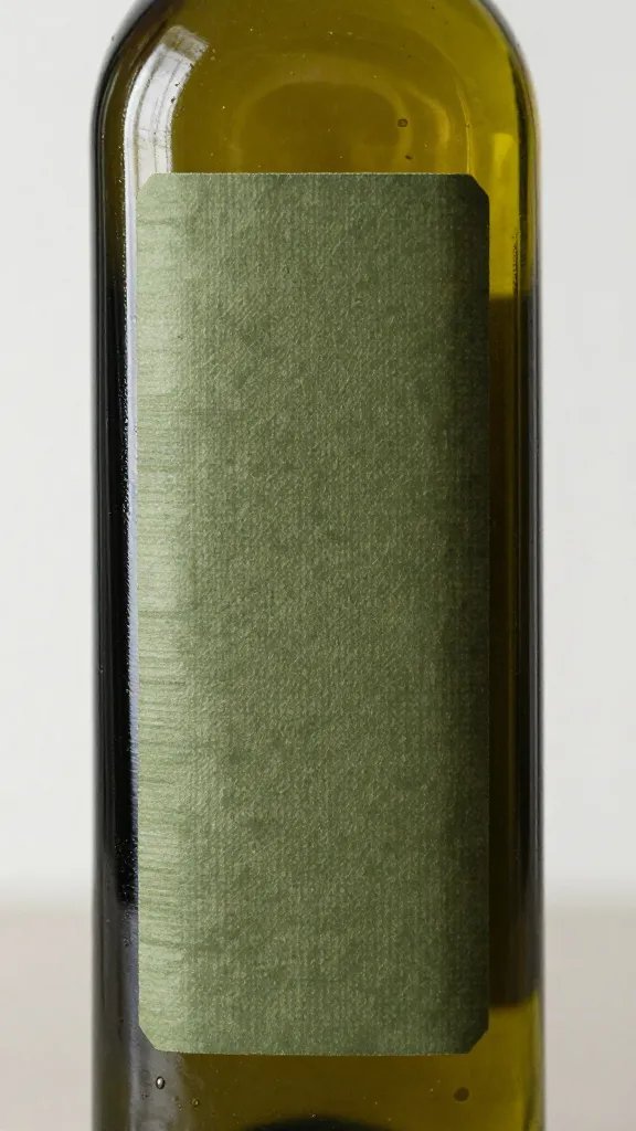 closeup of a lone olive oil bottle with textured label, backlit