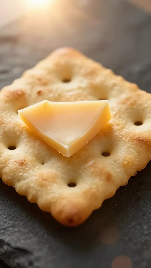 closeup of a single cracker with cheese shard, sun flare