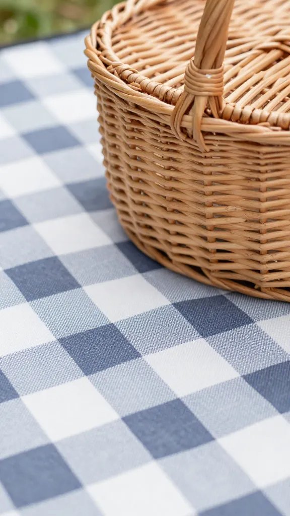 closeup of a picnic blanket corner with wicker basket