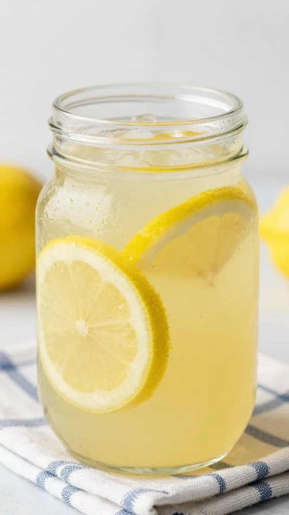 closeup of mason jar with fruity lemonade on plaid cloth