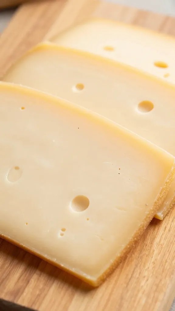 closeup of sliced cheese atop wooden cutting board