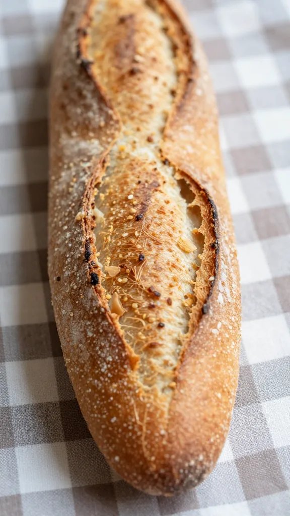 closeup of crumbly baguette half on checkered fabric