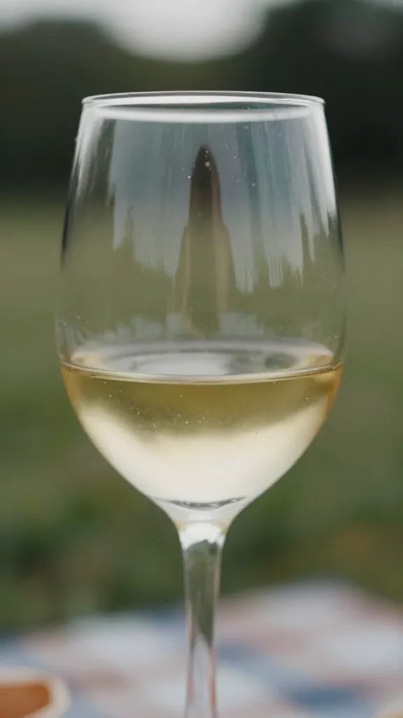 closeup of picnic wine glass with soft sunlight