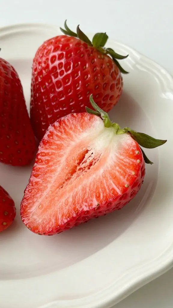 closeup of strawberry half on ceramic plate