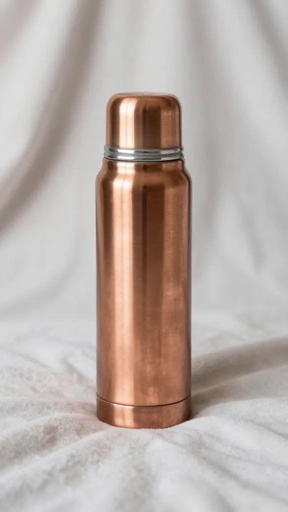 closeup of copper thermos against pastel blanket