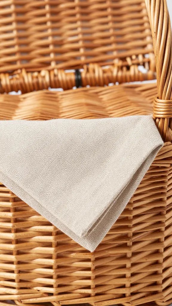 closeup of a wicker picnic basket with linen napkin
