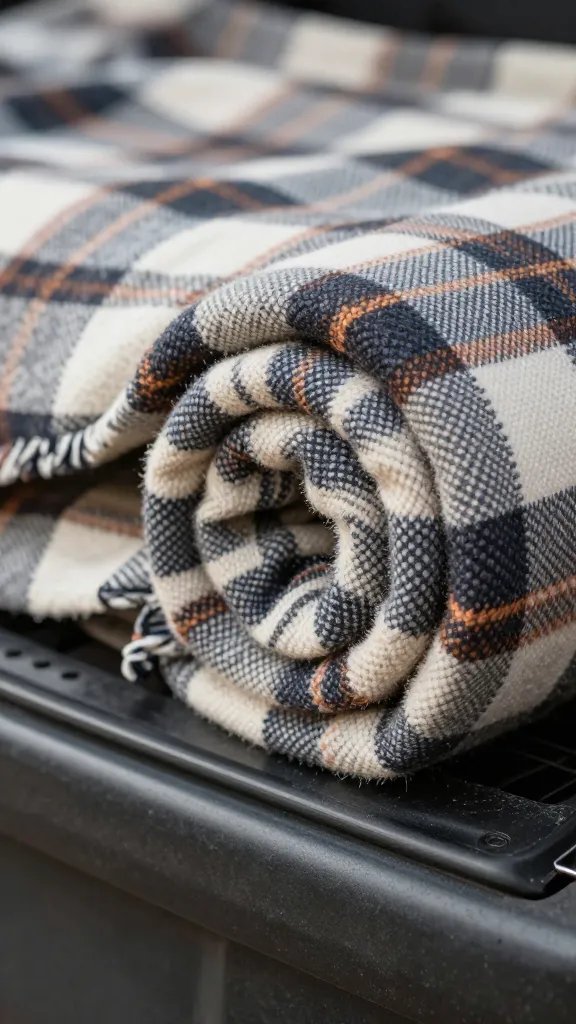 closeup of a rolled plaid blanket texture on trunk edge