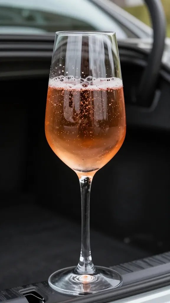closeup of a single glass of sparkling rosé on car trunk