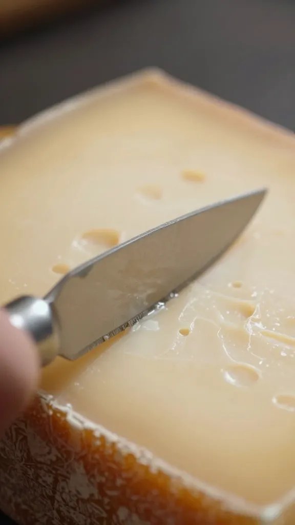 closeup of a cheese knife slicing artisanal cheese