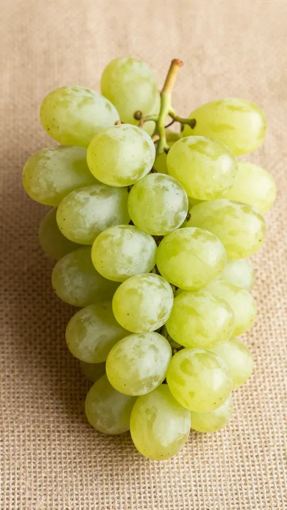closeup of a single grape cluster resting on burlap