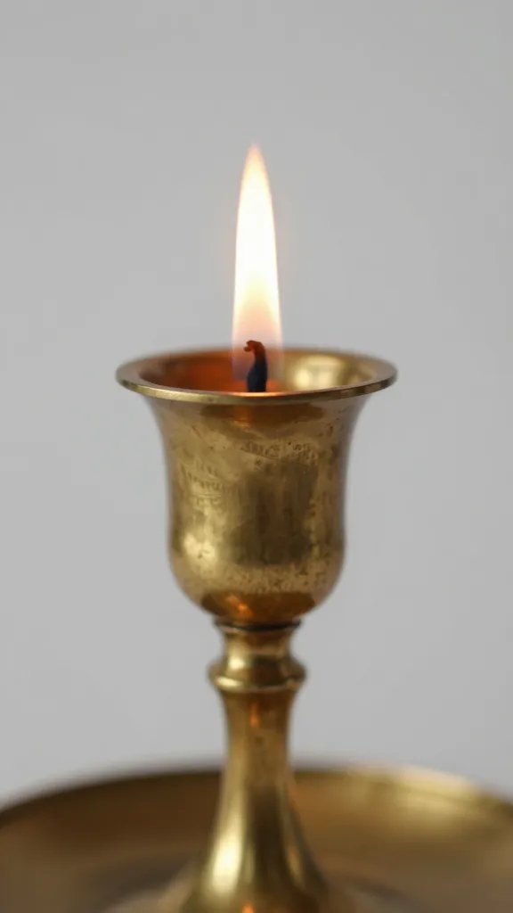 closeup of a brass candle holder with soft flame