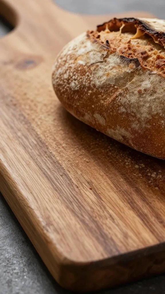 closeup of a rustic wooden cutting board with bread