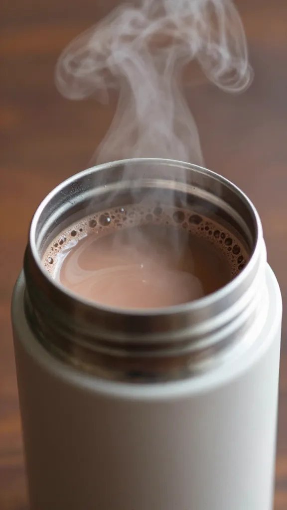 closeup of a thermos with hot cocoa steam