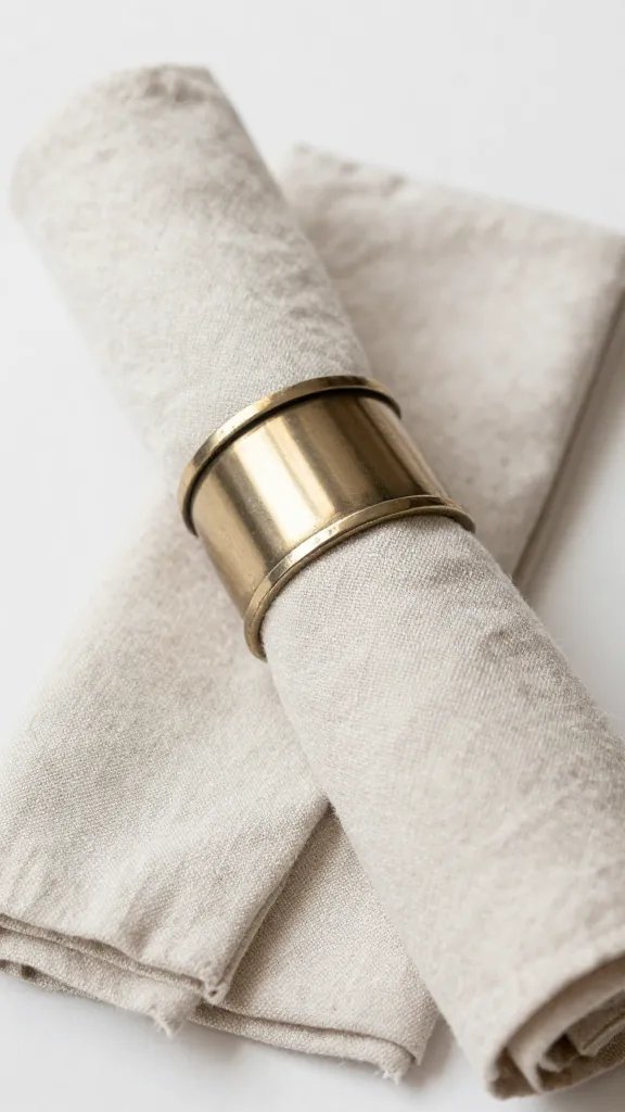 closeup of folded linen napkin with vintage napkin ring