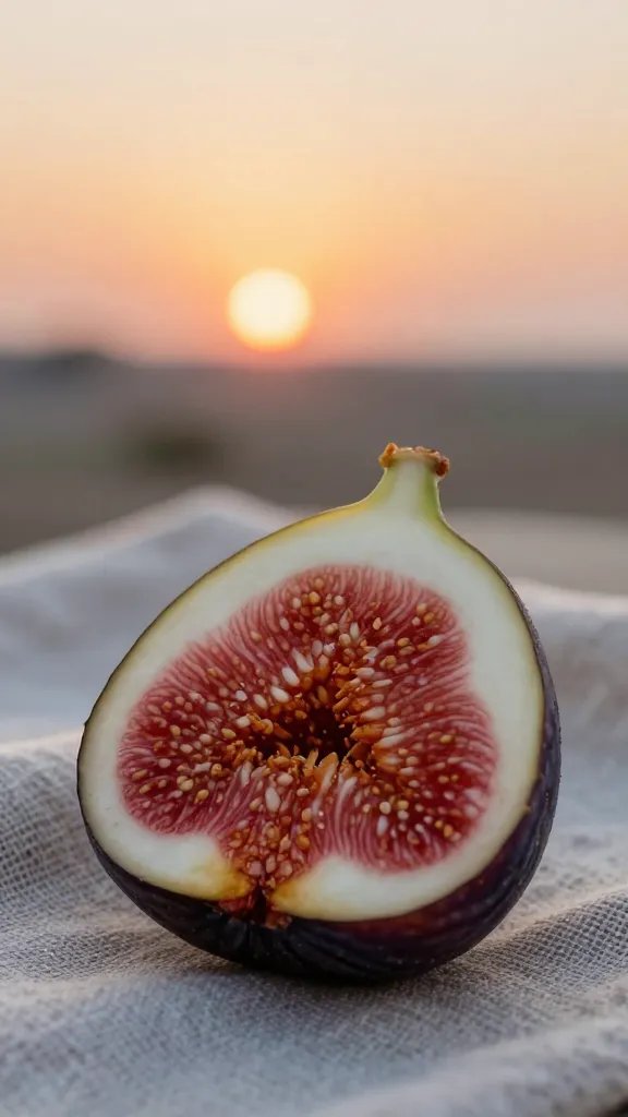closeup of a single sliced fig on linen napkin at sunset