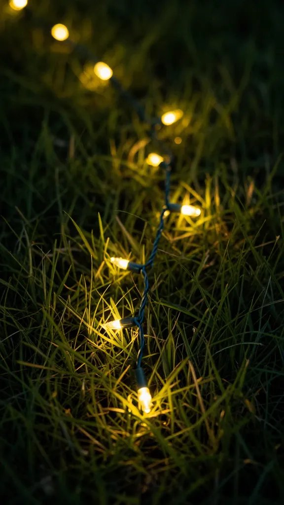 closeup of a single string of warm fairy lights on grass