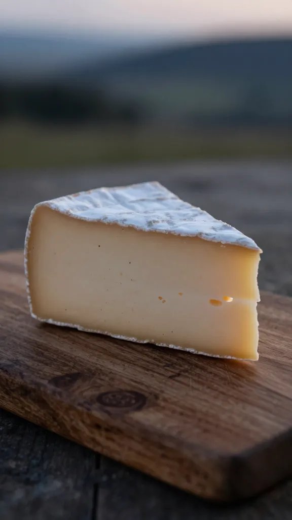 closeup of a single cheese wedge on rustic board at dusk