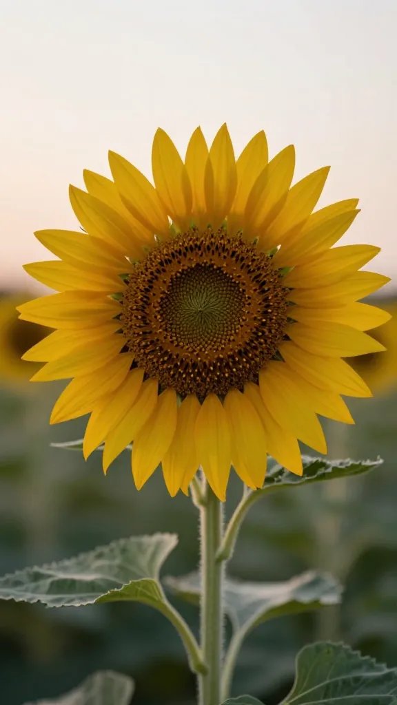closeup of a single sunflower stem in soft evening light