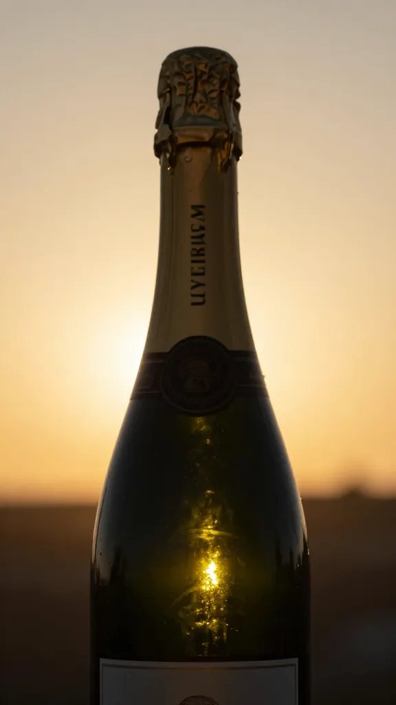 closeup of a single bottle of champagne with sunset flare