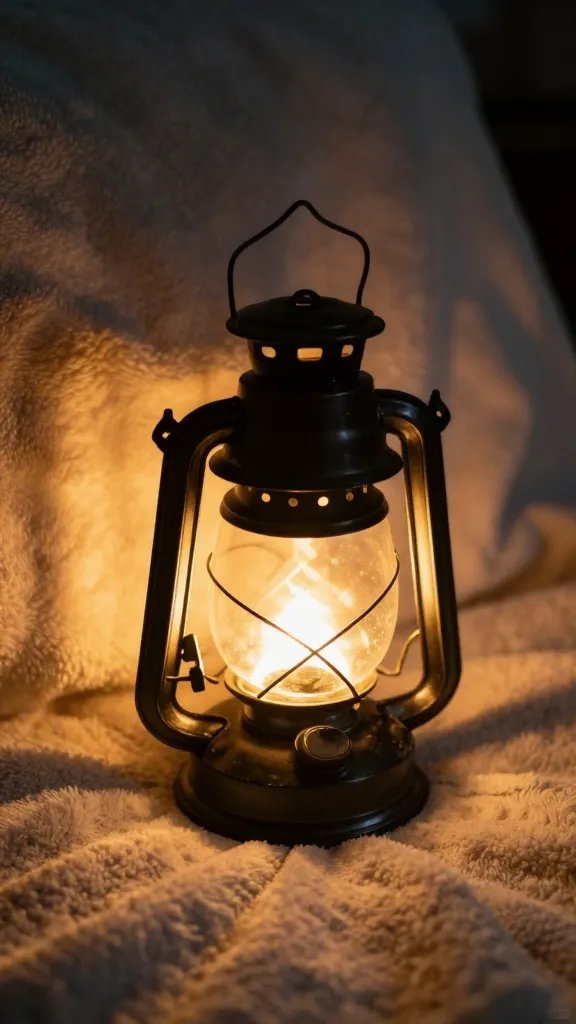 closeup of a single lantern casting warm glow on blanket