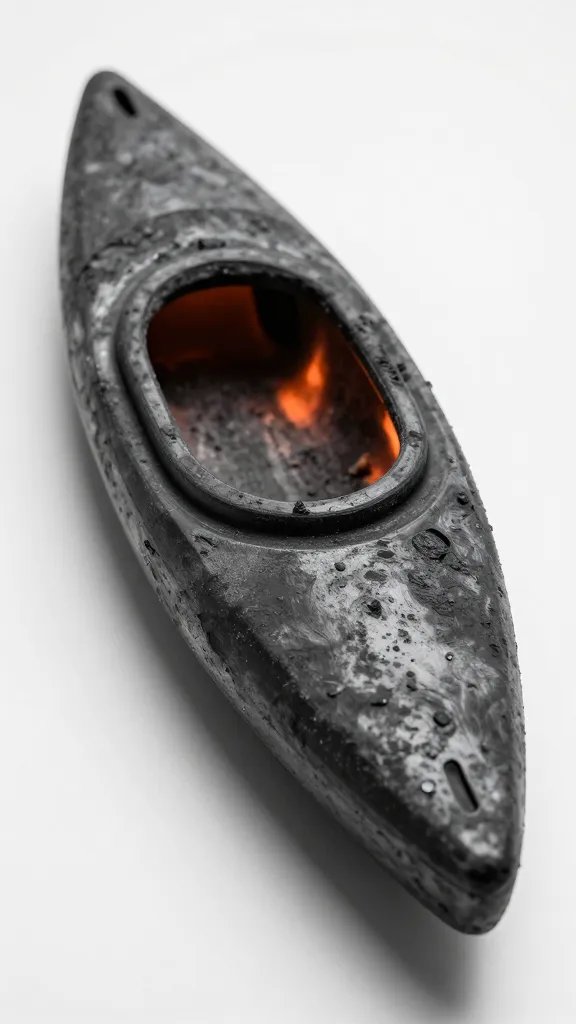 closeup of a single charcoal kayak burnished with afterglow (artistic prop)