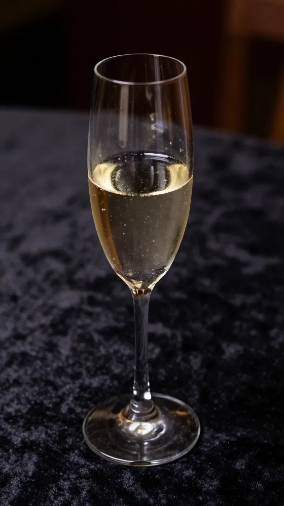 closeup of a single champagne flute on a dark velvet tablecloth