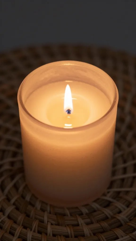 closeup of a single candle burning on a woven placemat