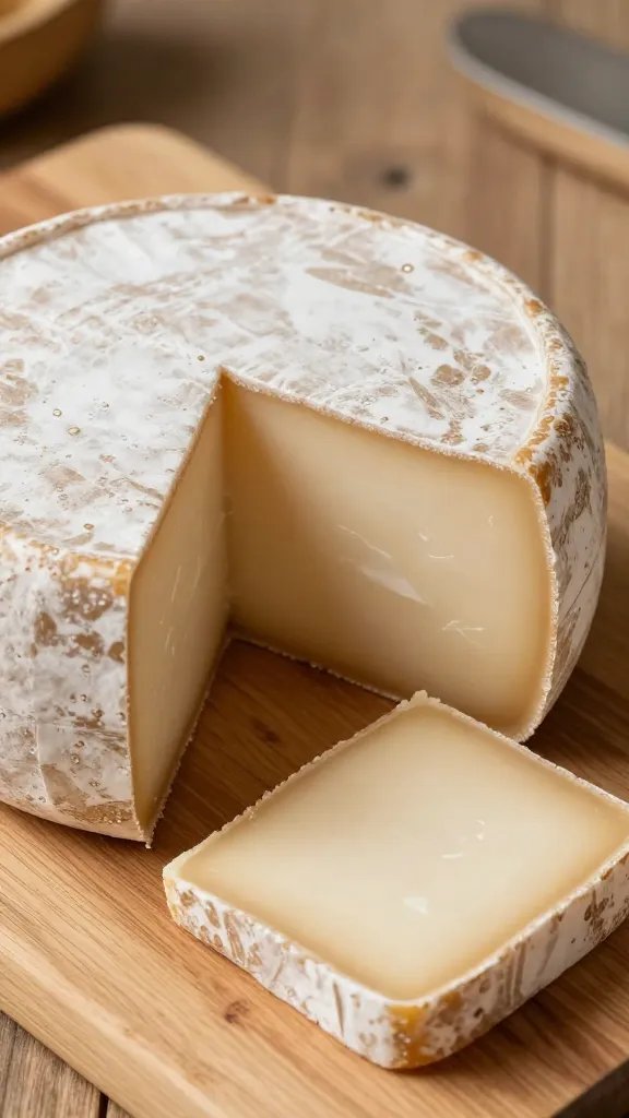 closeup of a single artisanal cheese wheel sliced on wood board
