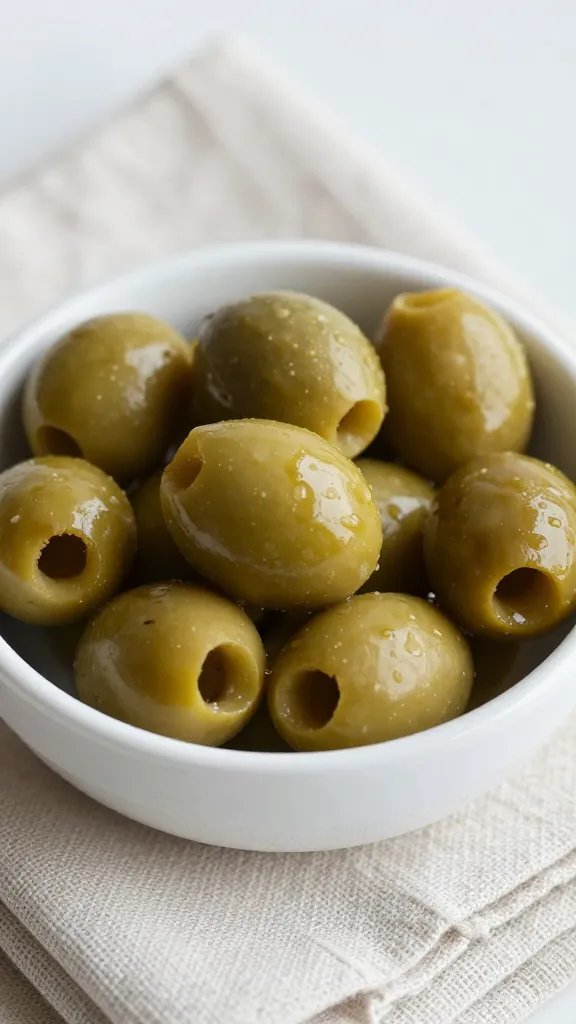 closeup of a single small bowl of olives on linen napkin