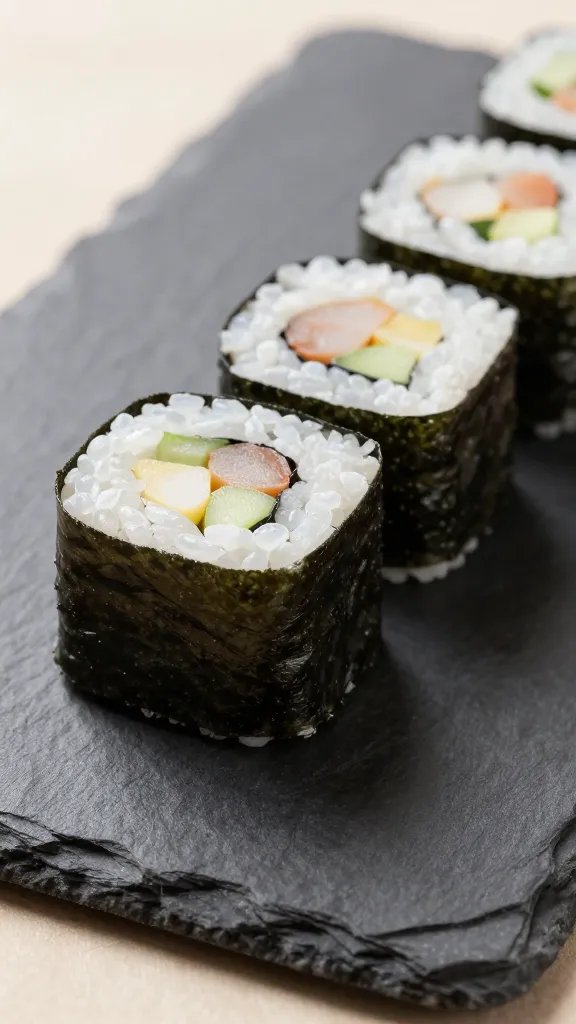 closeup of a single platter of bite-sized sushi on slate