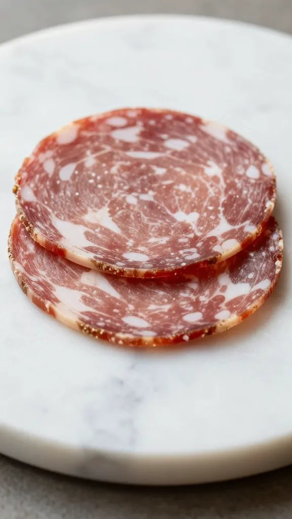 closeup of a single charcuterie slice on marble board