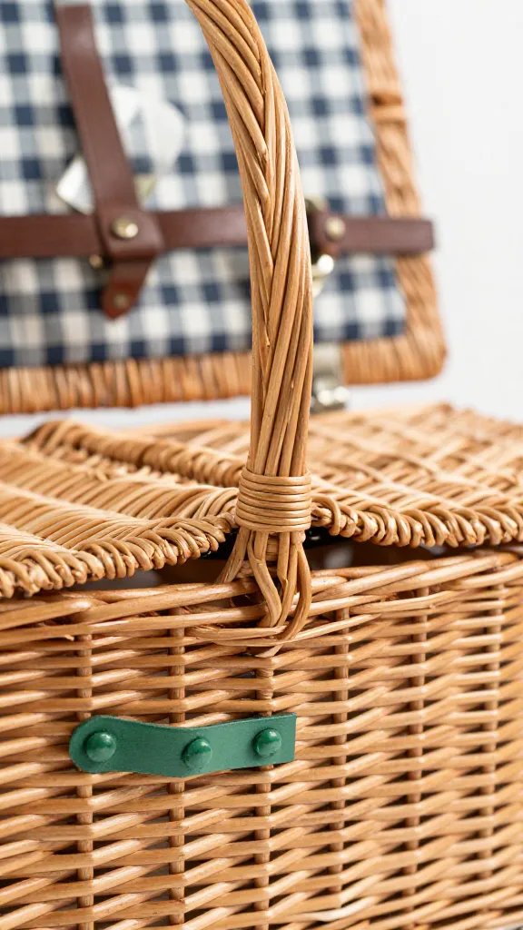 closeup of a single wicker picnic basket with green garnish handle detail